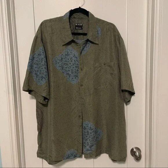 Vintage Kaid mens size XL 100% silk olive green and blue silk button up! - Picture 1 of 6